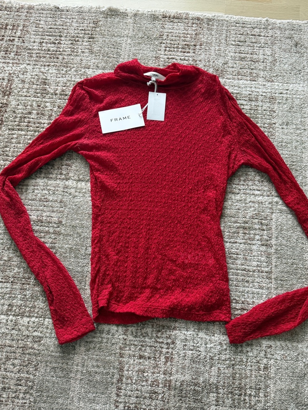 Frame Denim Red Textured Sheer Mock Neck Long Sleeve Top